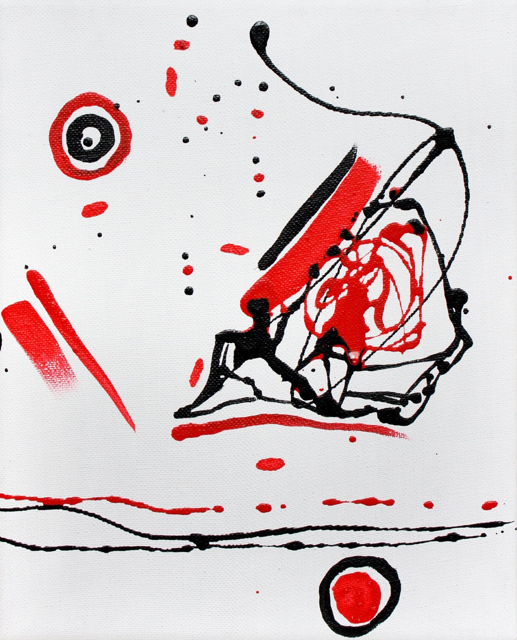 A white canvas with a red bar crossed by a black scribble, a ringed red target at the top left and a second at the bottom