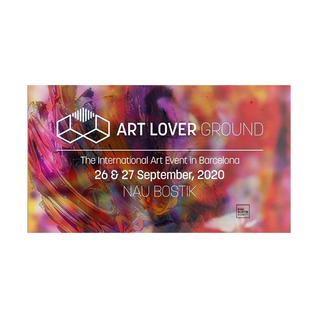 The event poster: a swirl of pink, purple and orange paint behind the Art Lover Ground logo, reading The International Art Event in Barcelona, 26 and 27 September 2020, Nau Bostik