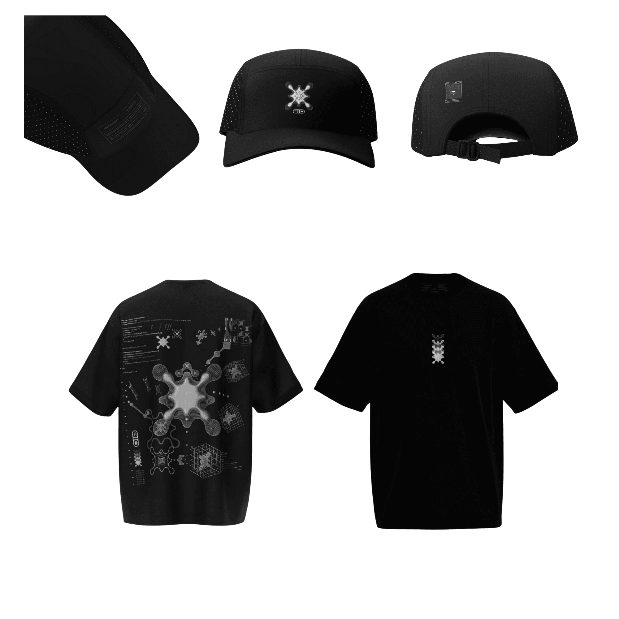 Capsule sheet on white: three views of a black five-panel cap above an oversized black tee shown back and front.