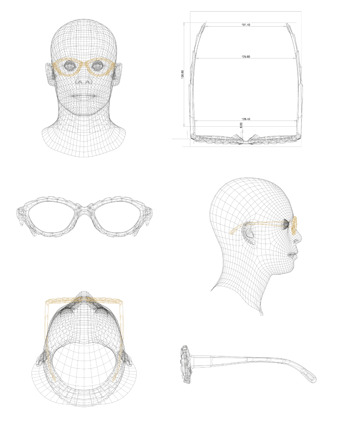 Six-panel sheet of wireframe views: head front, dimensioned frame, frame front, head profile, head from above, temple profile