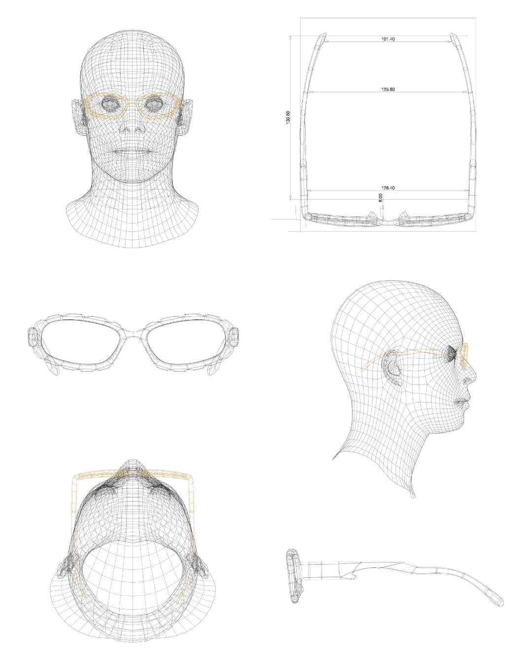 A second six-panel wireframe sheet showing a squarer frame fitted to the same head mesh