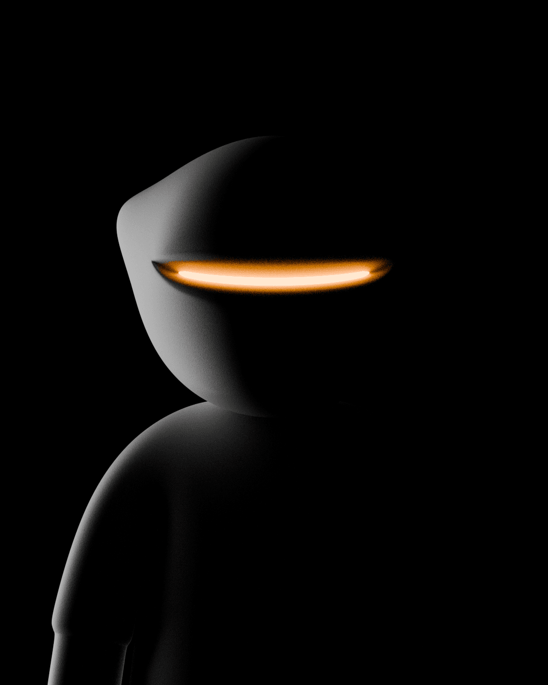 Mr. B in darkness, only the amber face slit and the hood's edge catching light