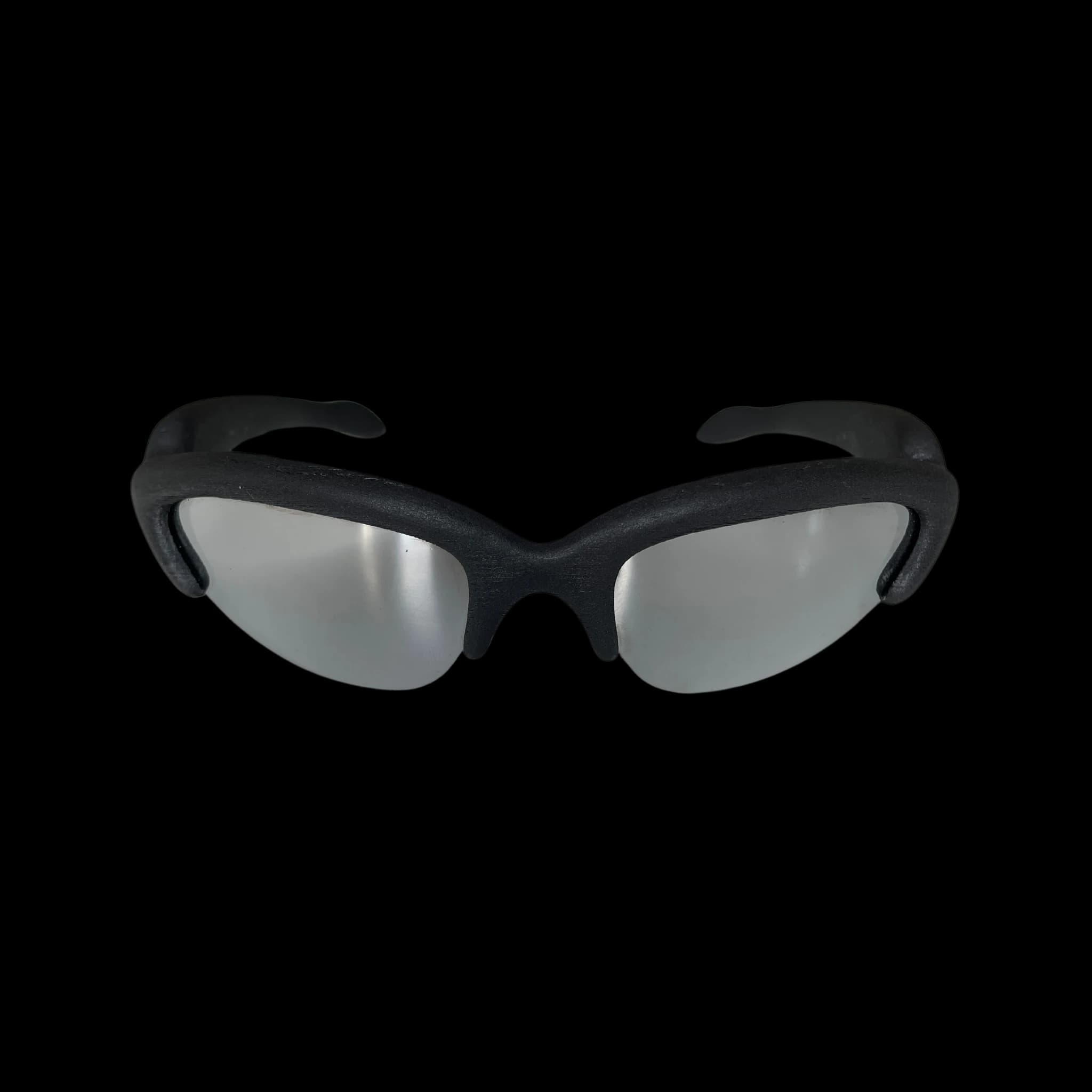 A grey-material version of the frame, front on, used to read the form without colour