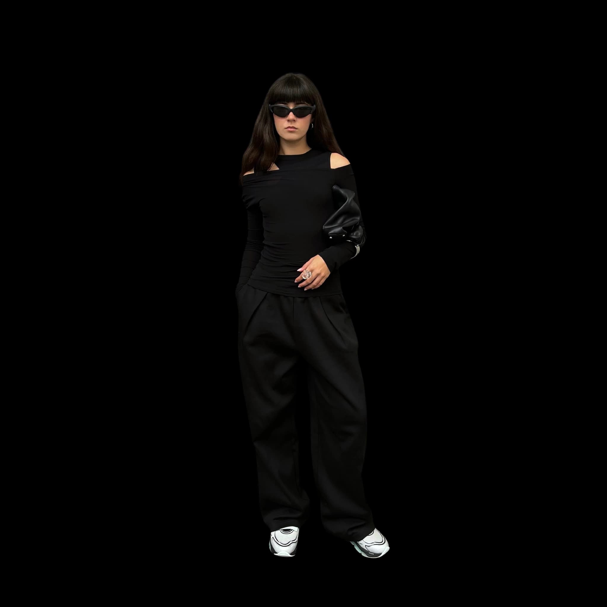 A full-length render of a figure in black wearing the frame