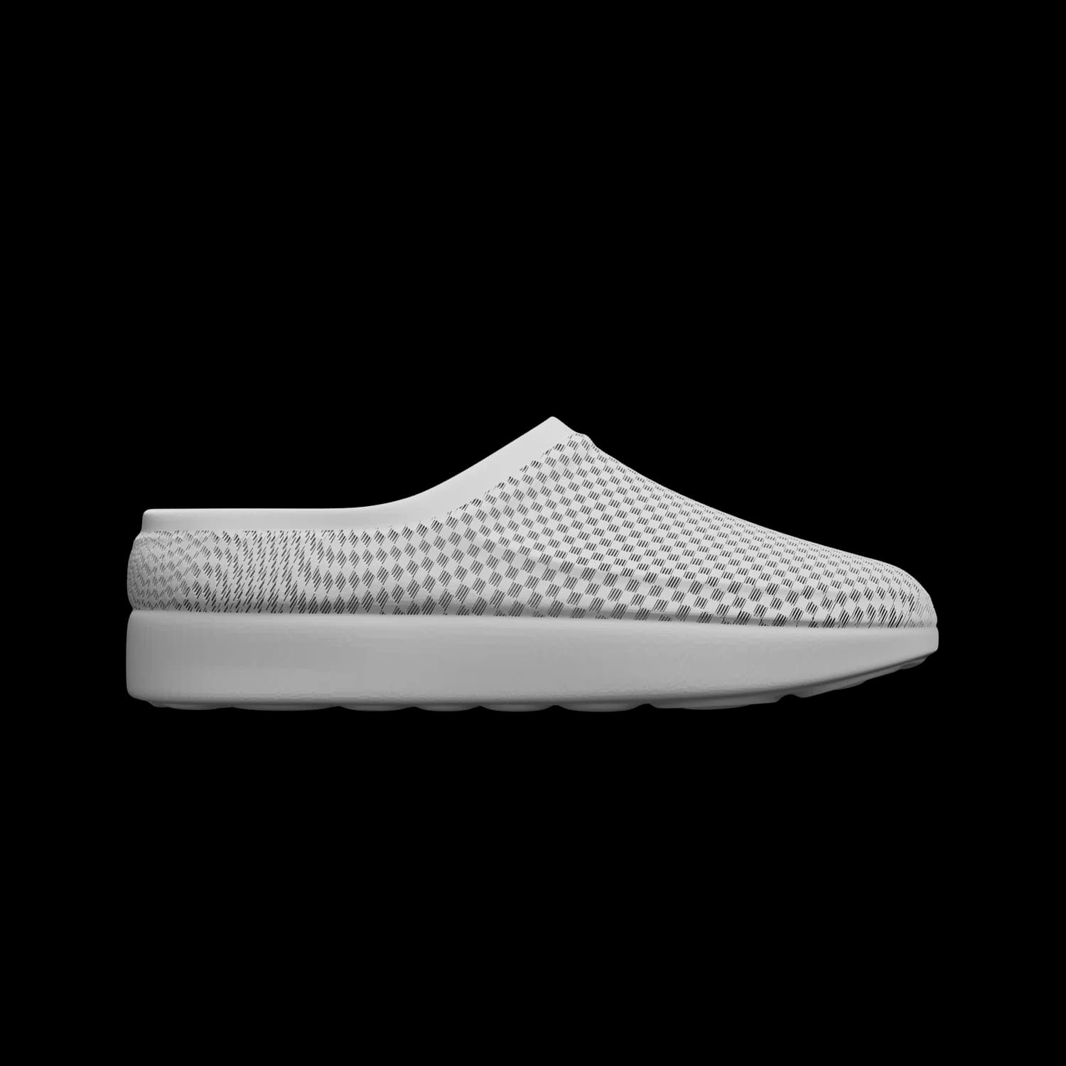 CASUL in pale stone grey, side view of a single clog, the checkerboard weave of the upper reading clearly against the plain ground