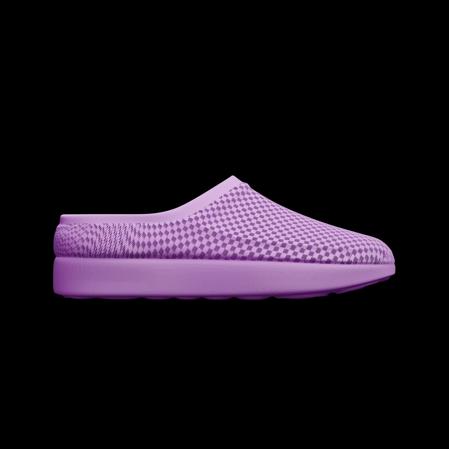 CASUL in lilac, side view of a single clog, the checkerboard weave of the upper reading clearly against the plain ground