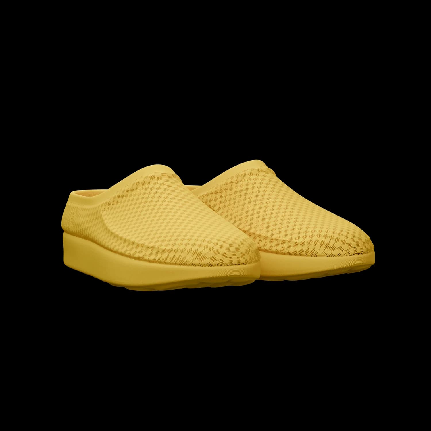 CASUL in yellow, three-quarter angle view of a single clog, the checkerboard weave of the upper reading clearly against the plain ground