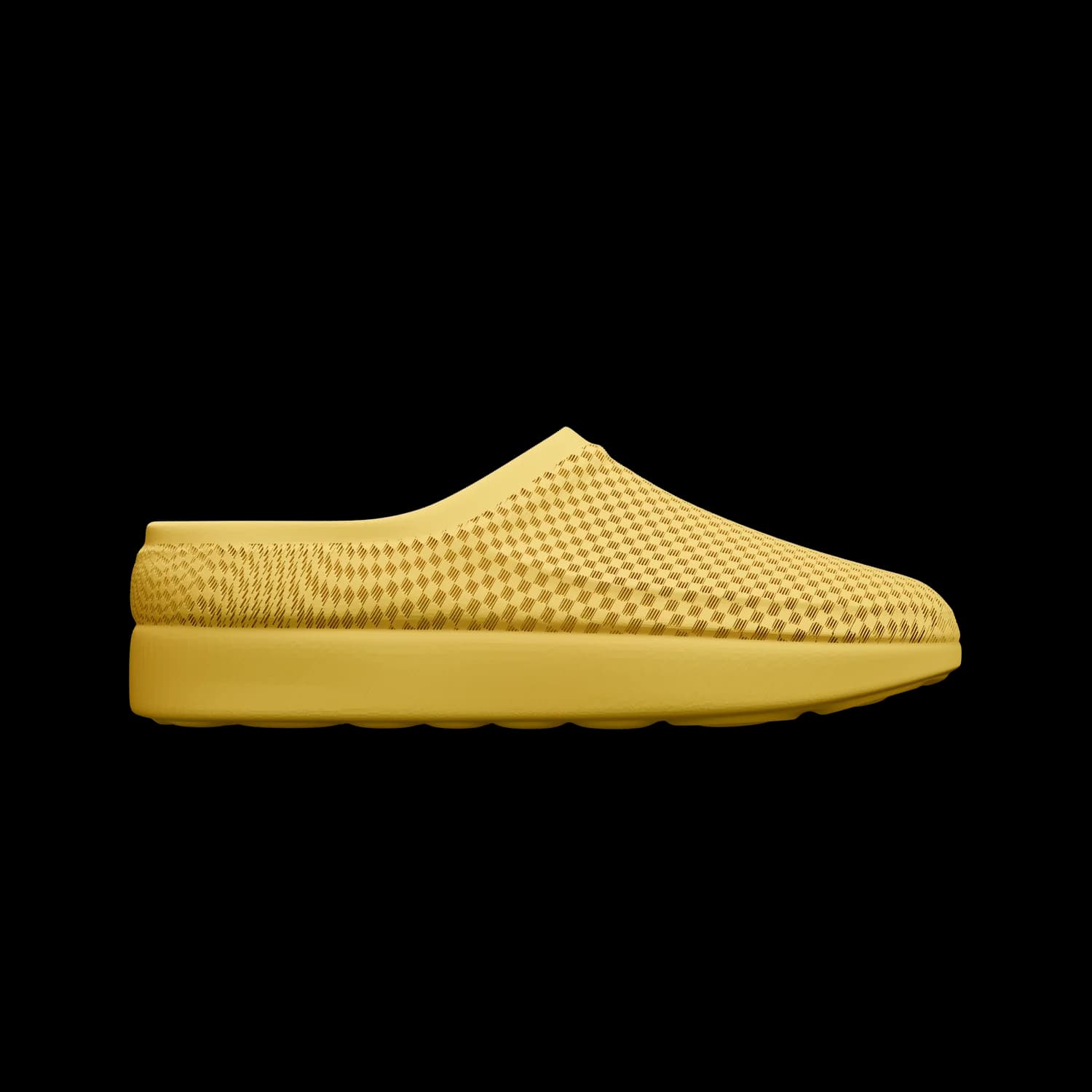 CASUL in yellow, side view of a single clog, the checkerboard weave of the upper reading clearly against the plain ground