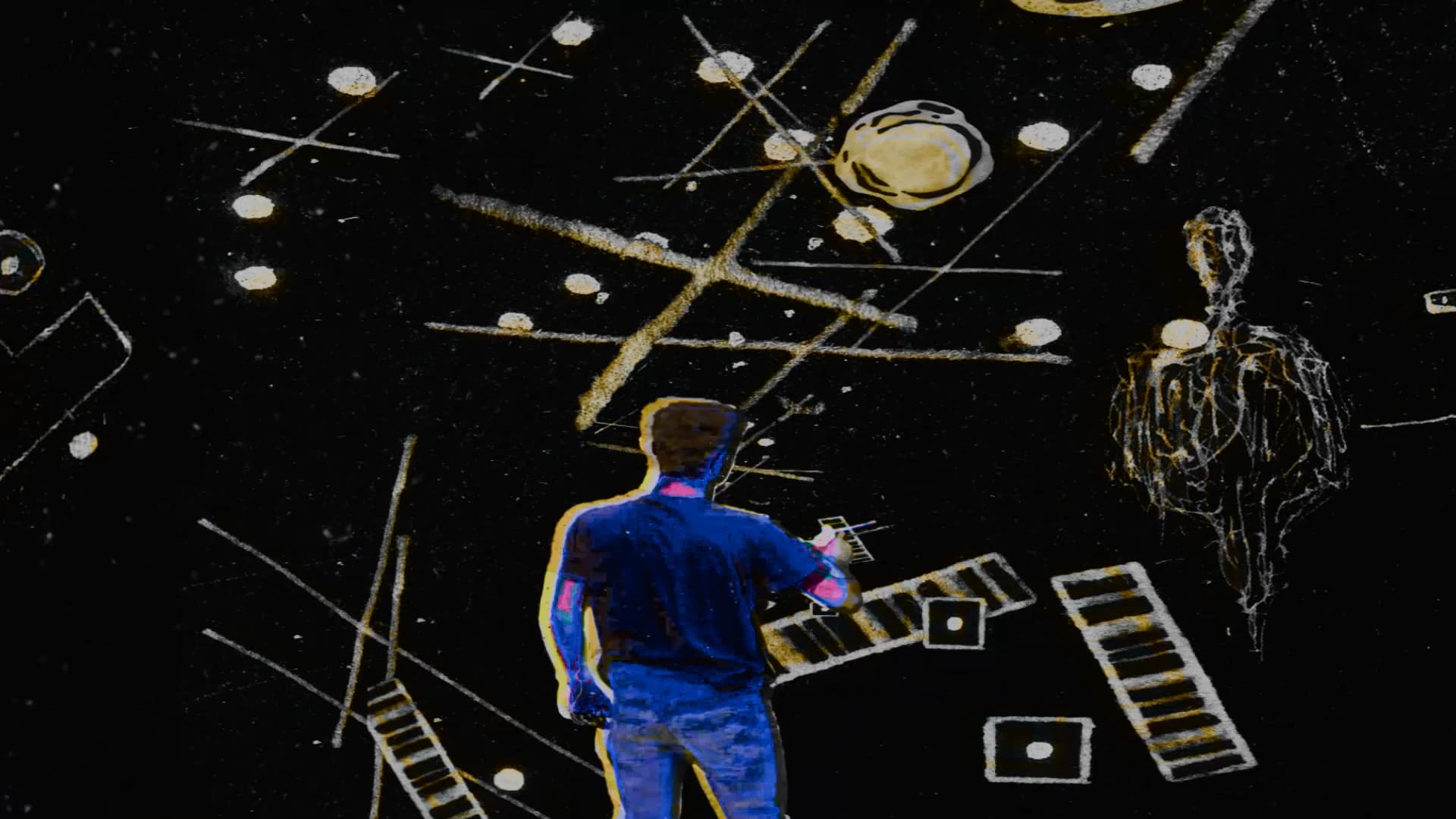 A figure in blue seen from behind, standing inside a black field of pale gold ruled lines, bleached discs and small ladder shapes