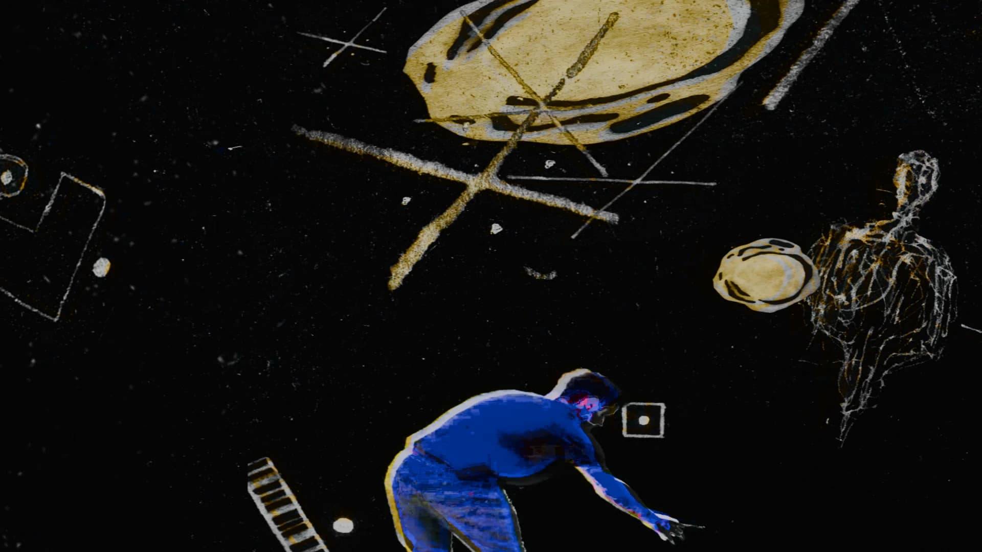 A figure in blue bending forward with one arm outstretched, beneath a large bleached oval and crossed gold lines on black