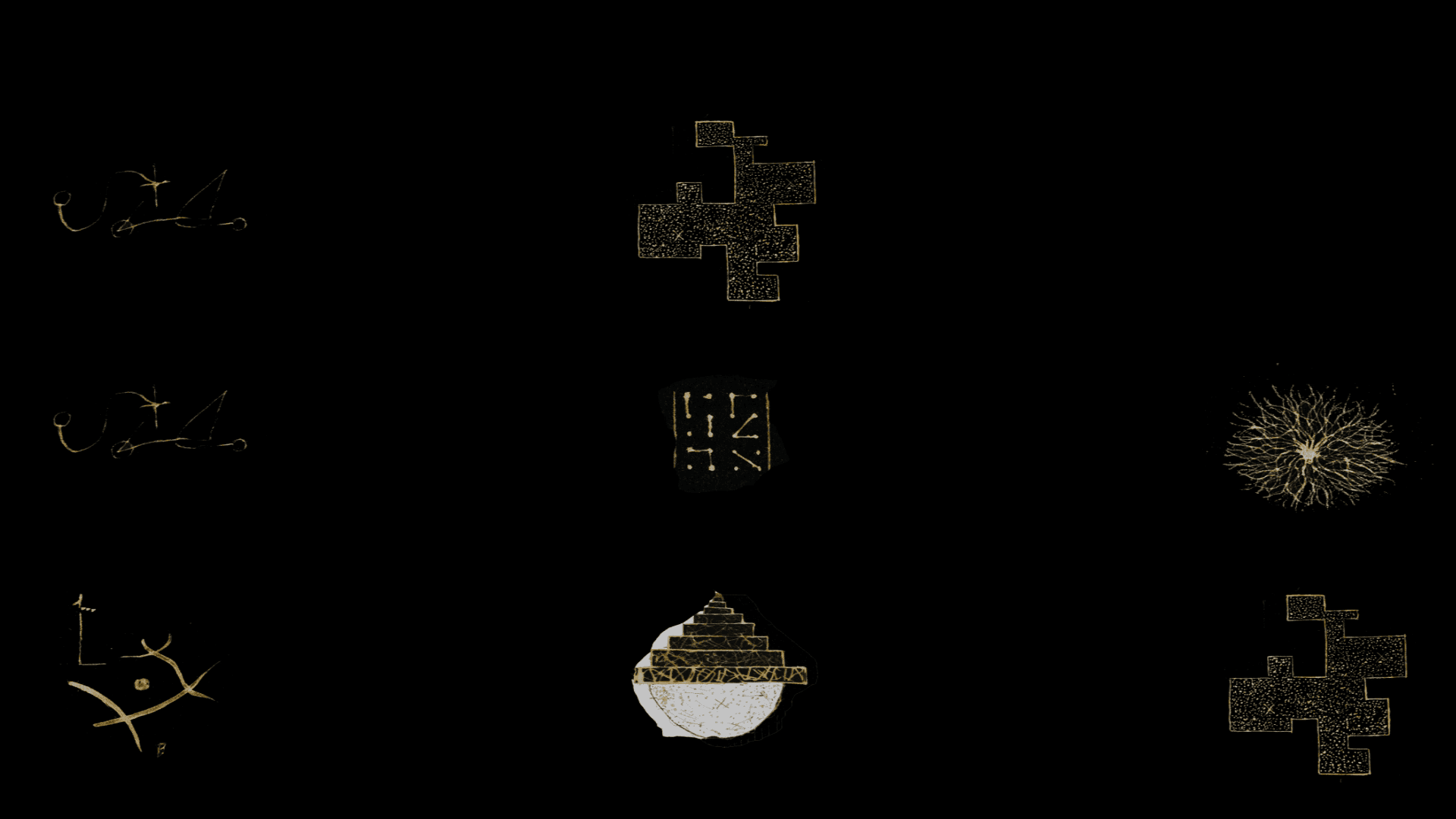 Nine small bleach drawings arranged in a grid on black, a looping signature-like mark, a stepped cross, a tablet of short strokes, a burst of fine lines, a pyramid over a dish