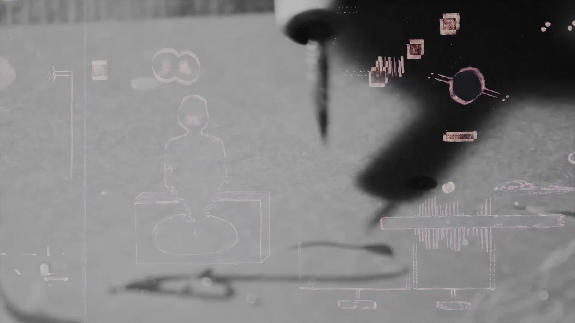 A pale inverted frame in which a nib draws a dark line, overlaid on faint outlines of a seated figure, a table and small squares