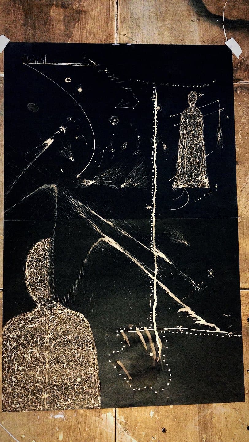A single tall sheet pinned to a rough plaster wall, a standing figure and a hooded one under a long diagonal