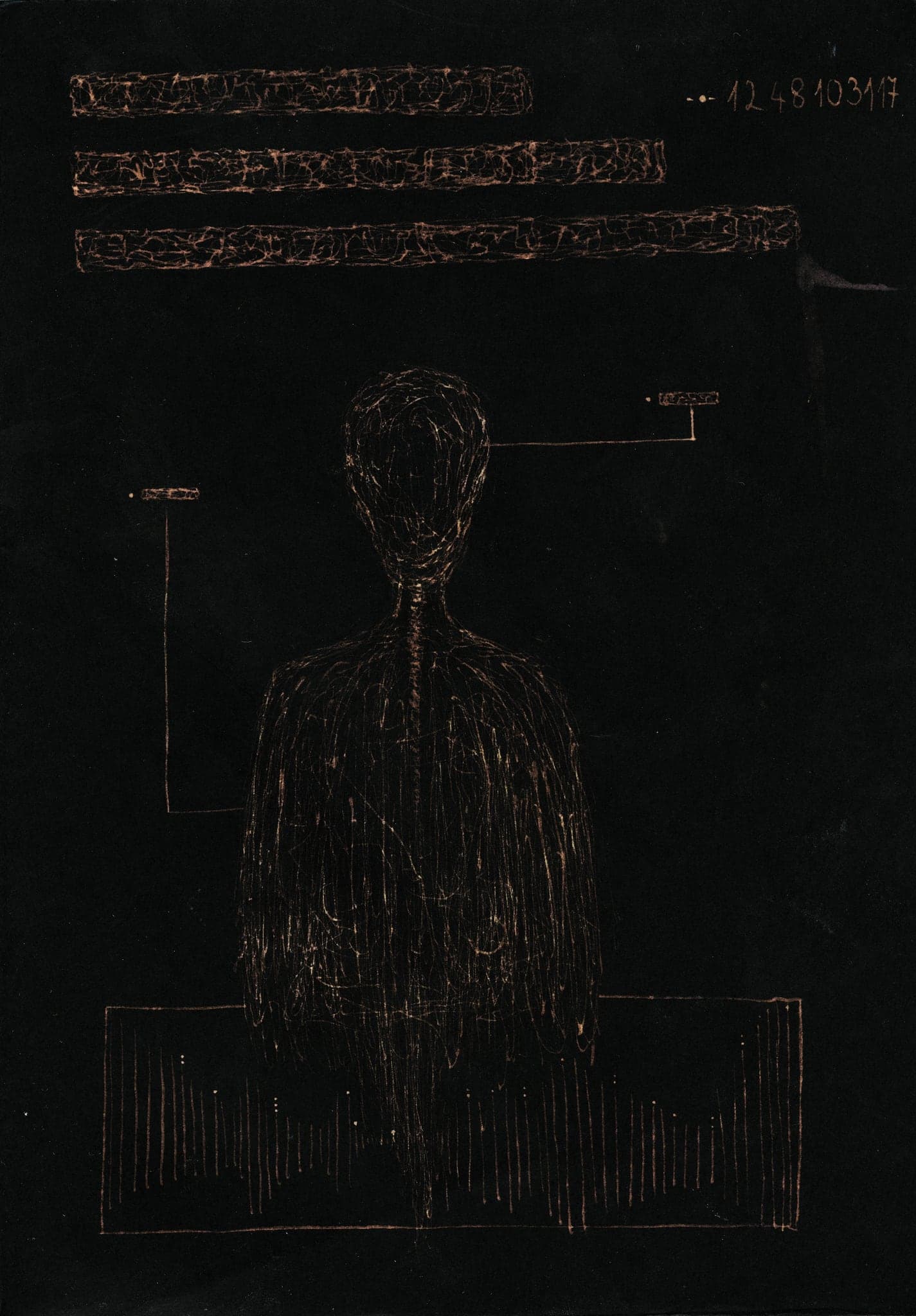 A seated figure drawn in fine pale bleach lines at the centre of a black sheet, with three bars of invented glyphs above it and the number string 1248103117 in the top right corner.