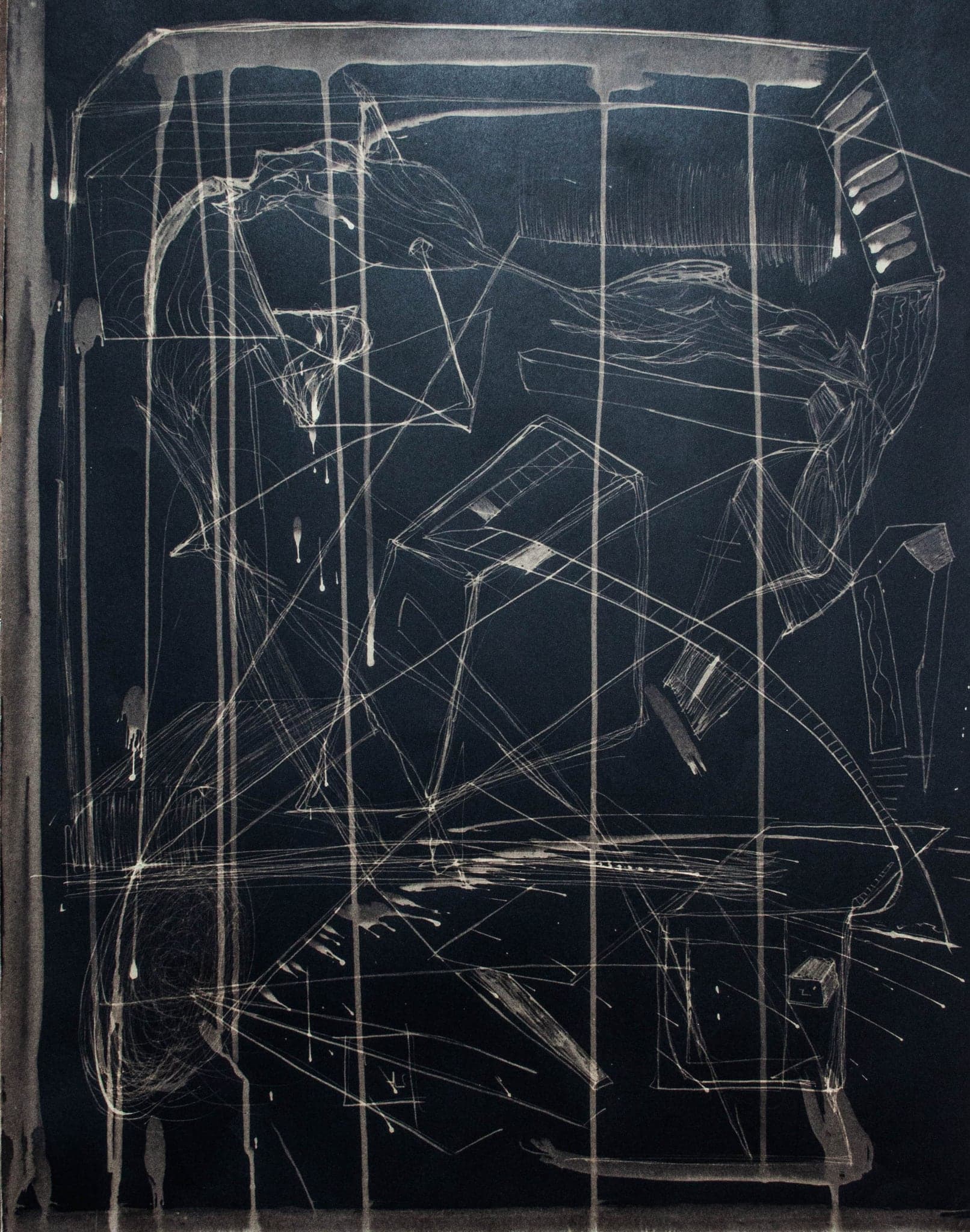 A room drawn as an open cage of lines, its edges continuing past the sheet.