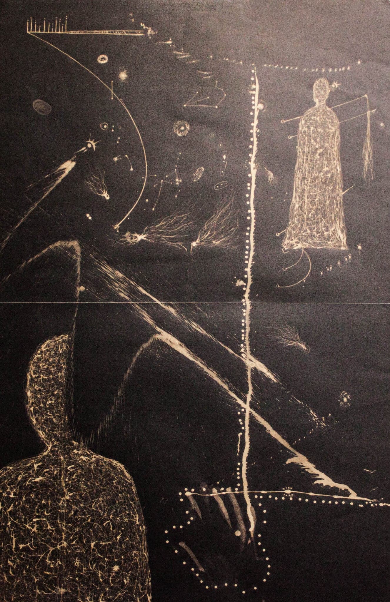 A standing figure and a tall spire, both drawn in dots on a dark ground.