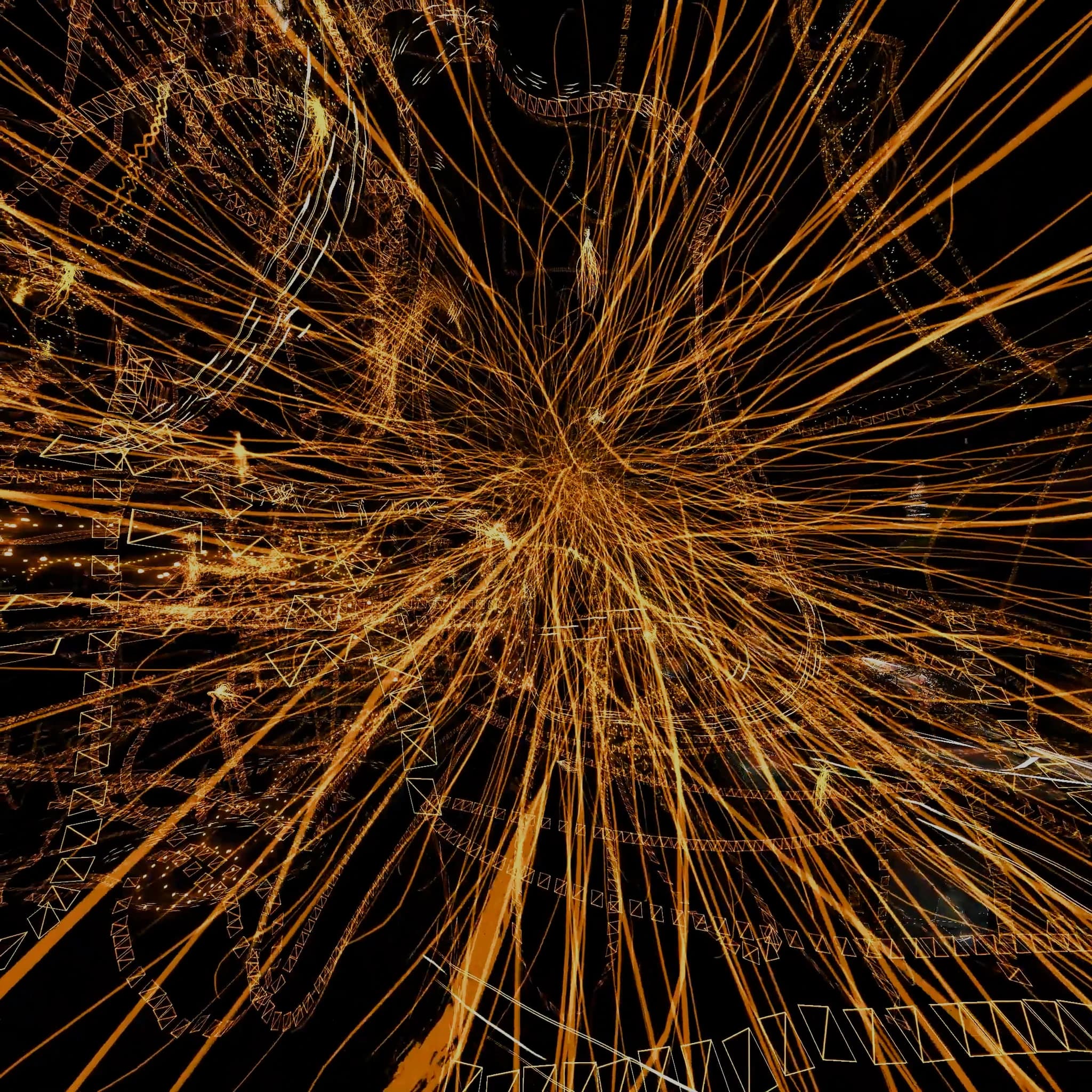 A dense radial burst of gold filaments exploding from a single point on black, thousands of fine threads reaching to the edges