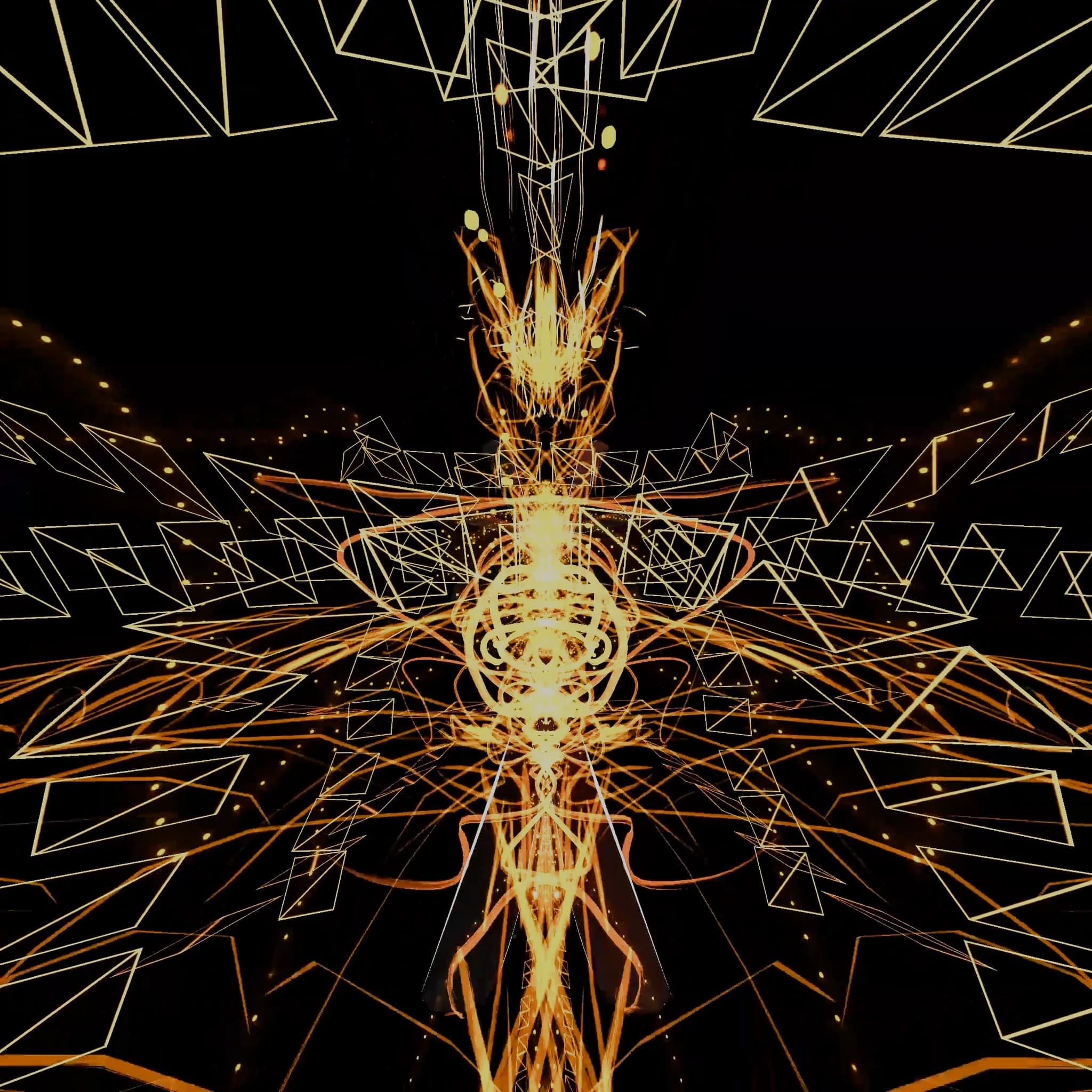 A symmetrical gold structure like a spine or a cathedral nave, wire triangles fanning out to either side