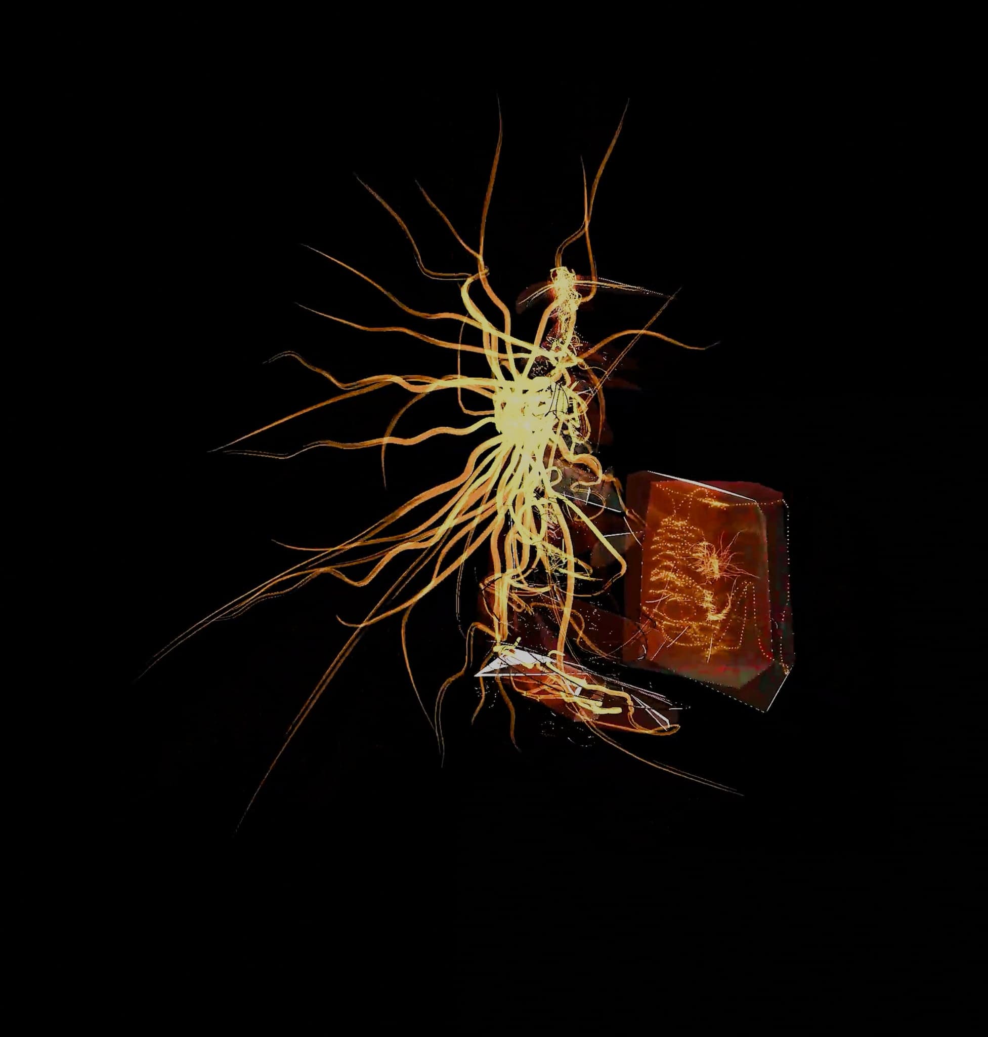 The sculpture turned so the amber block sits to the right, threads fanning away to the left
