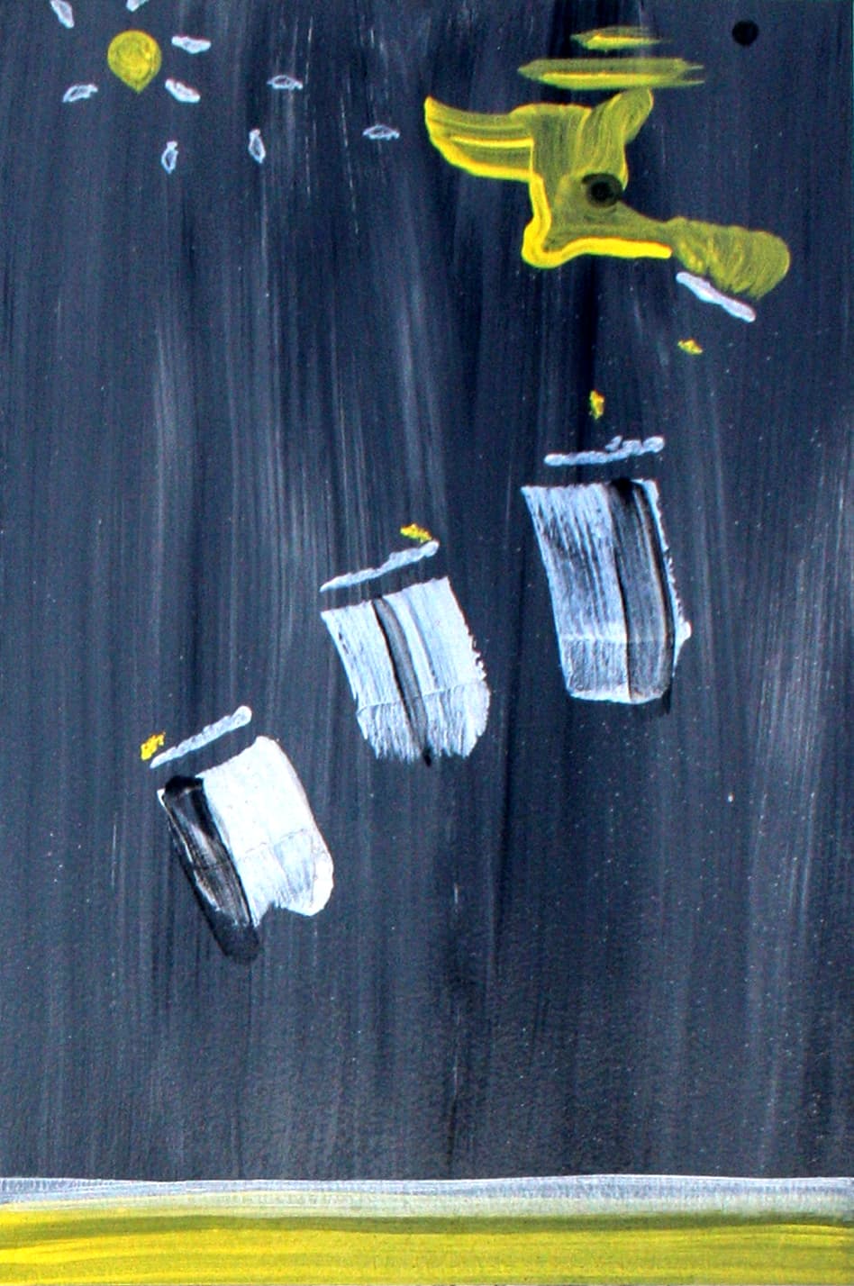 A dark panel with two upright white slabs standing side by side beneath a yellow hook, above a solid yellow band