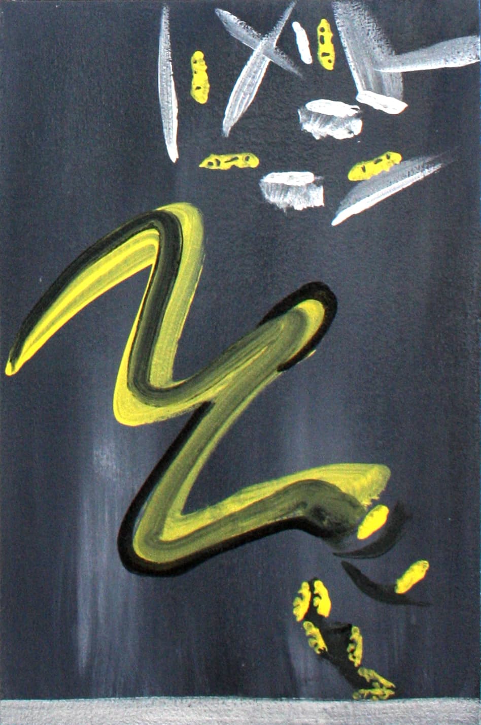 A dark panel with a wide yellow zigzag across the middle and pale white shards falling from the top edge