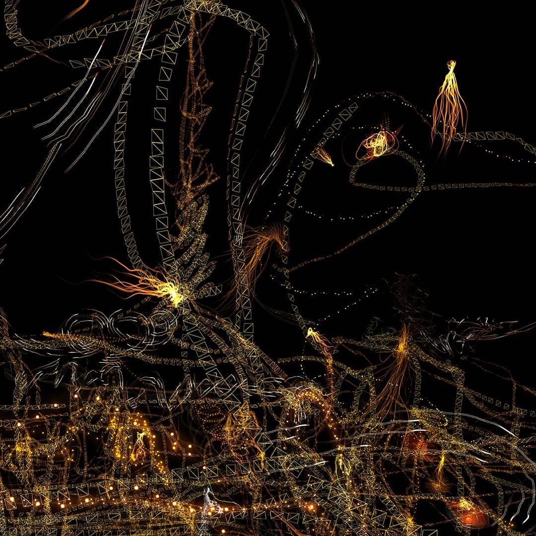Fine gold and blue light structures branching against black