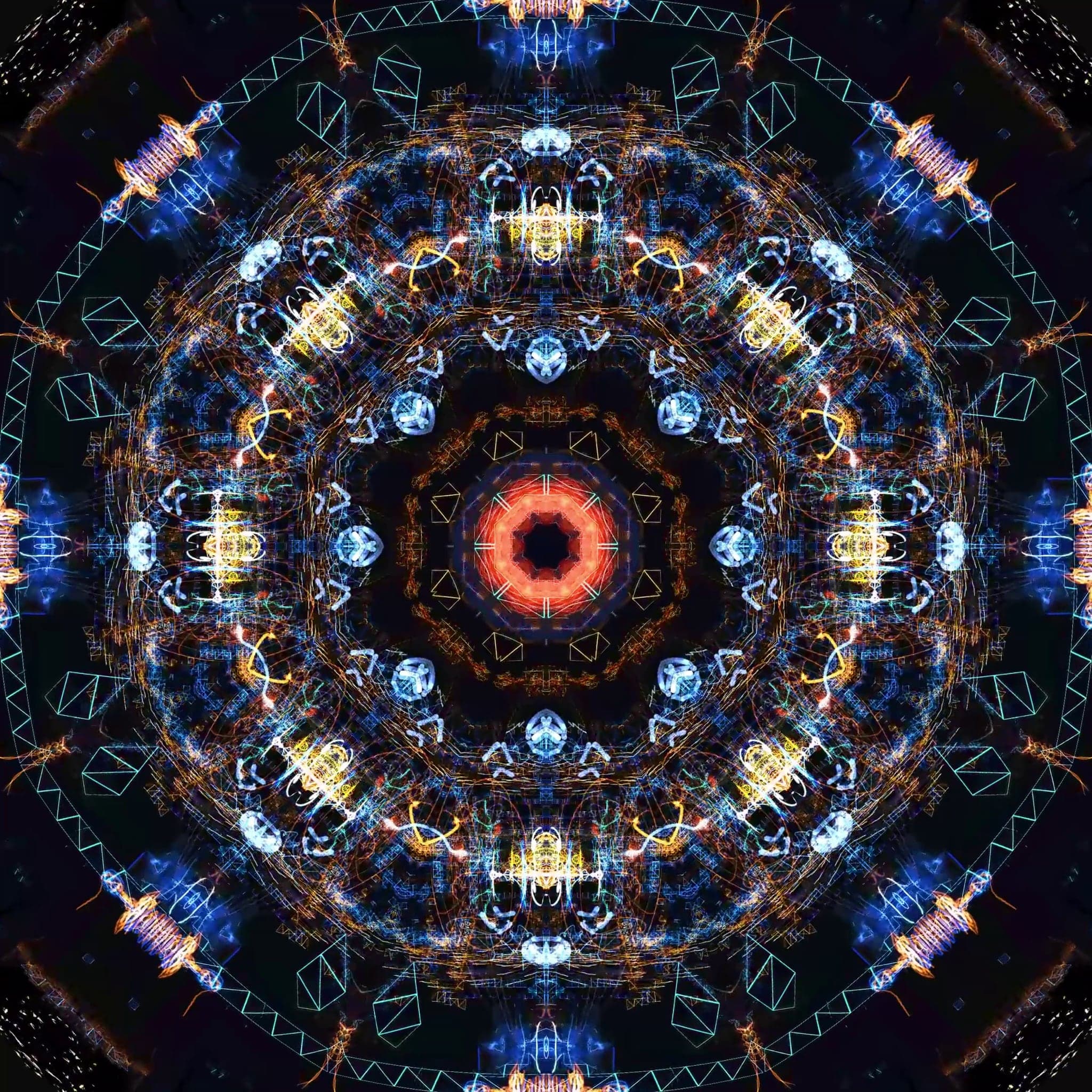 A radial mandala of drawn line on near-black, with a glowing red-orange octagon at its centre and rings of blue and gold detail around it