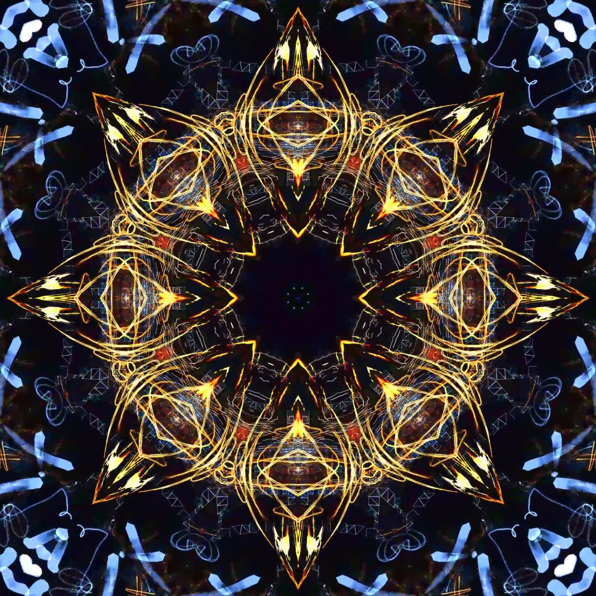 An eight-pointed star of gold and white line on near-black, its arms filled with drawn triangles and loops