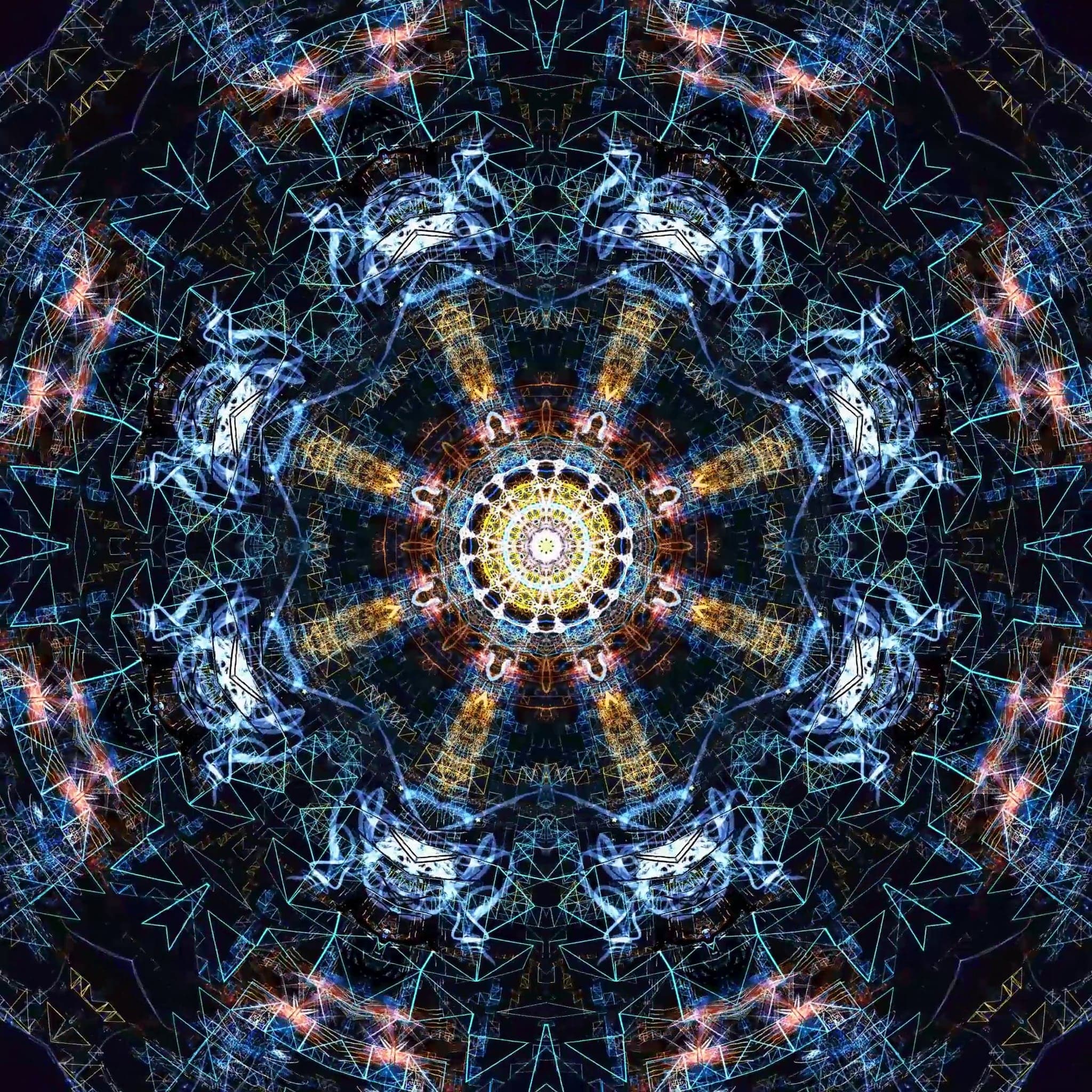 A mandala built around a bright yellow and white wheel at centre, with gold spokes radiating into blue wire triangles