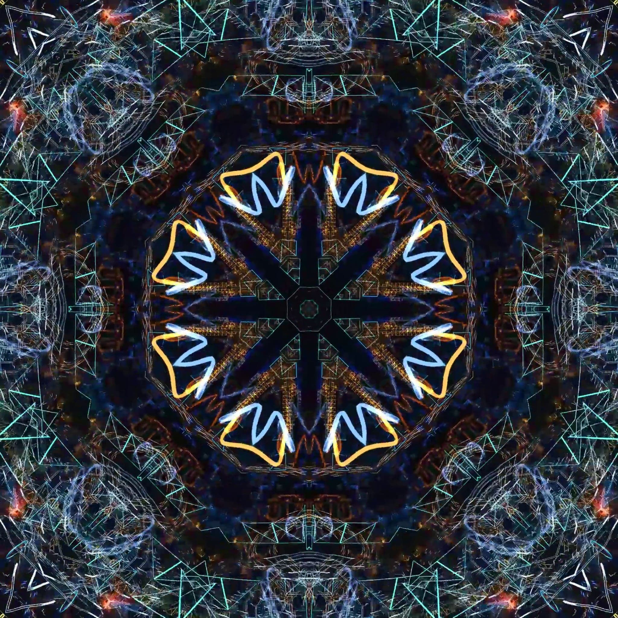 An eight-petal flower drawn in orange and pale blue outline, set in a dense field of cyan wire triangles
