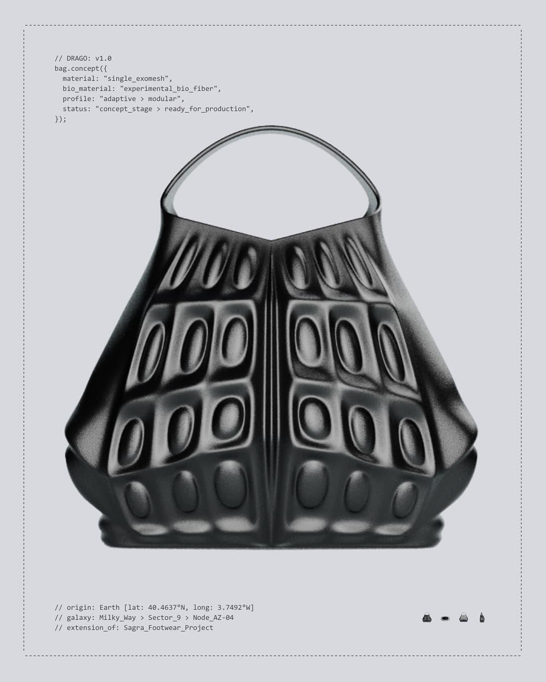 DRAGO concept board, black scale-textured bag with code-style annotations