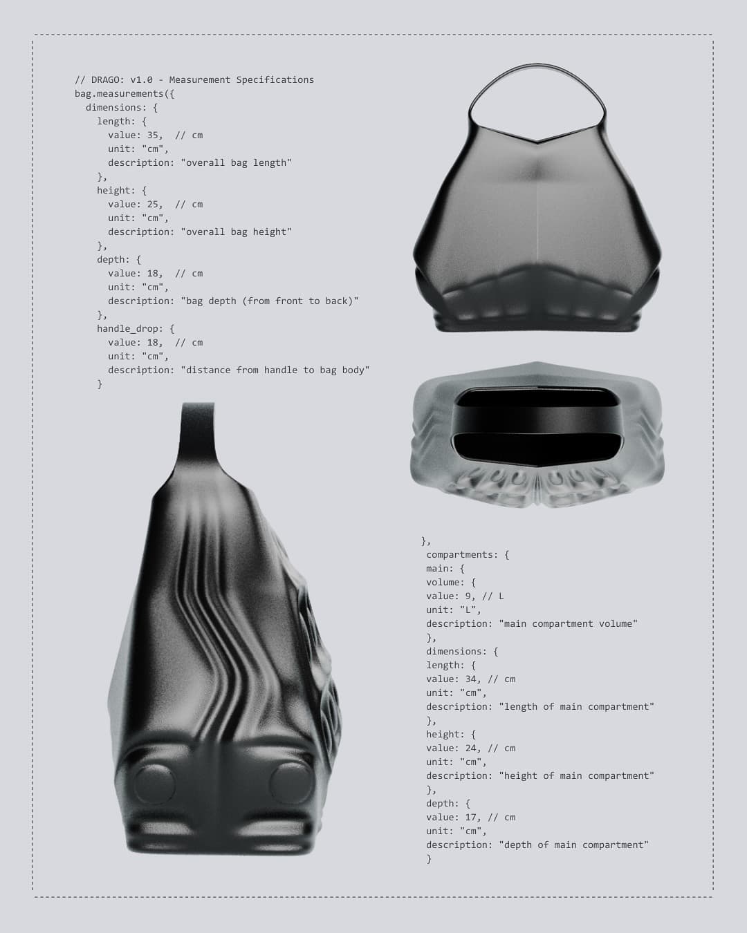 DRAGO measurement sheet, back, top and side views