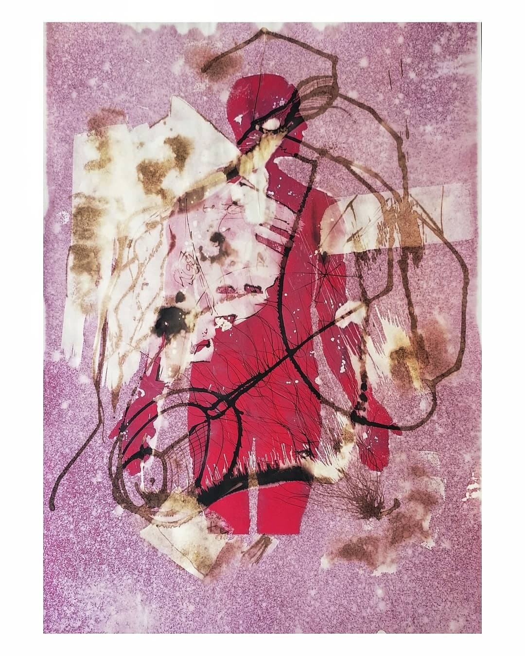 A mixed-media figure in red and white over a mottled pink ground, one black line looping across the chest