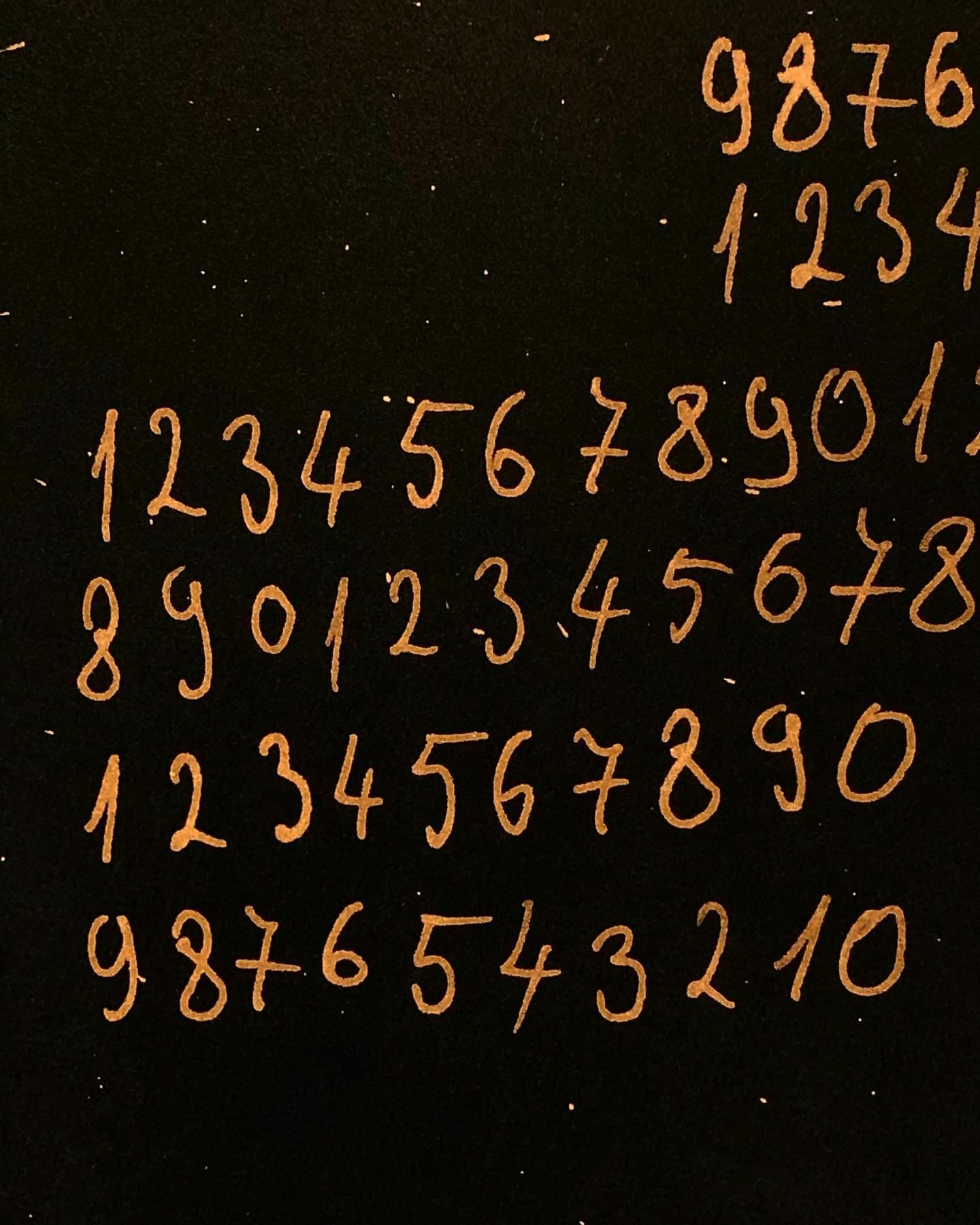 A close view of the columns of handwritten digits, counting up and then back down