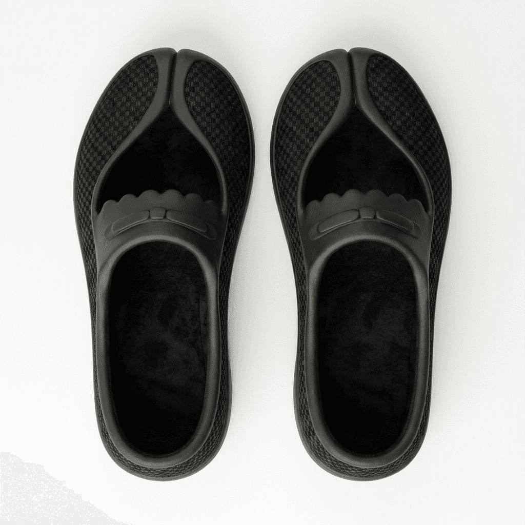 Both shoes from above, the scalloped sole edge clear