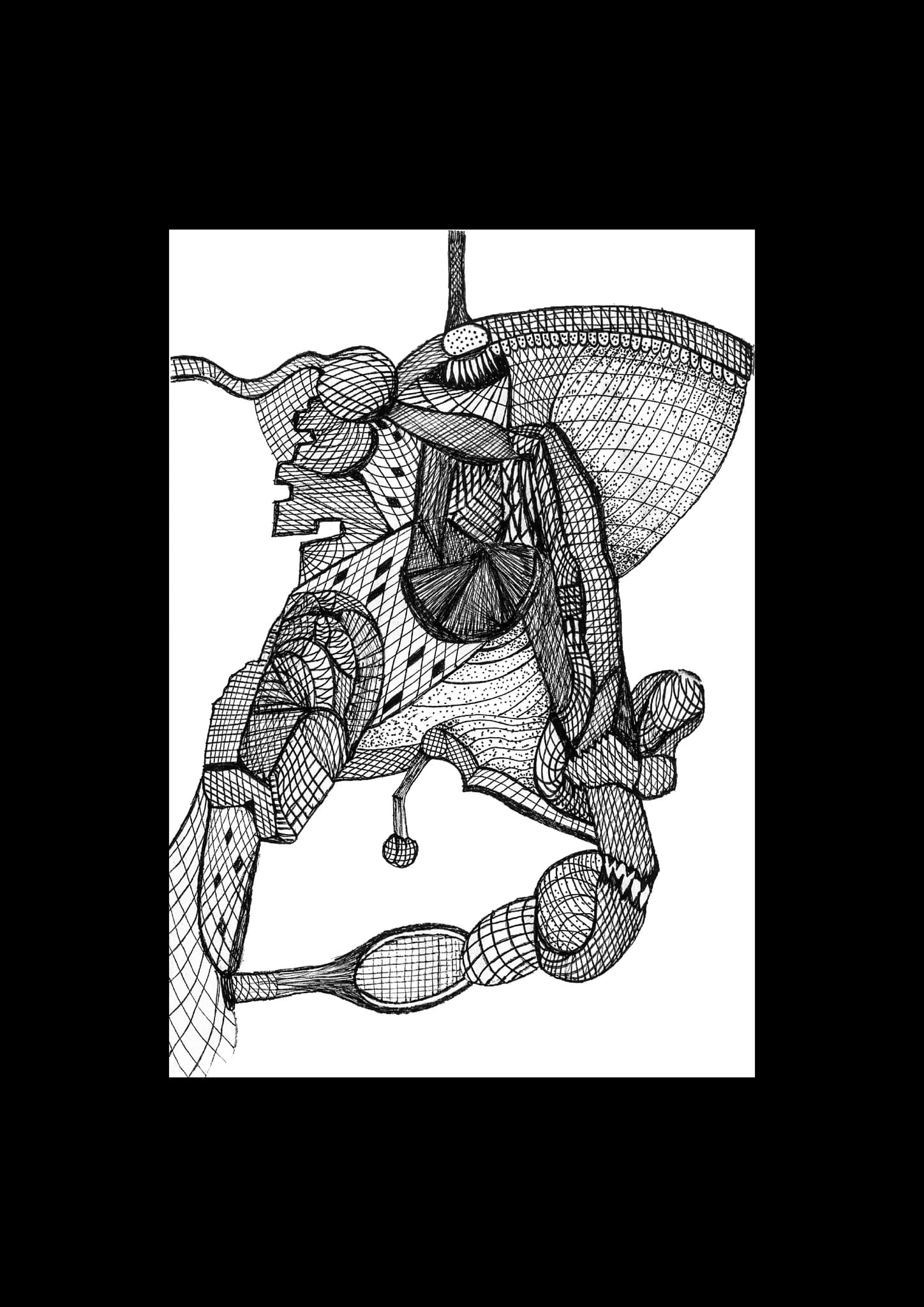 An ink drawing of a standing structure — a hatched dome over a cradle of ribbed struts, with a mast rising from it and weighted forms hanging off the lower ends