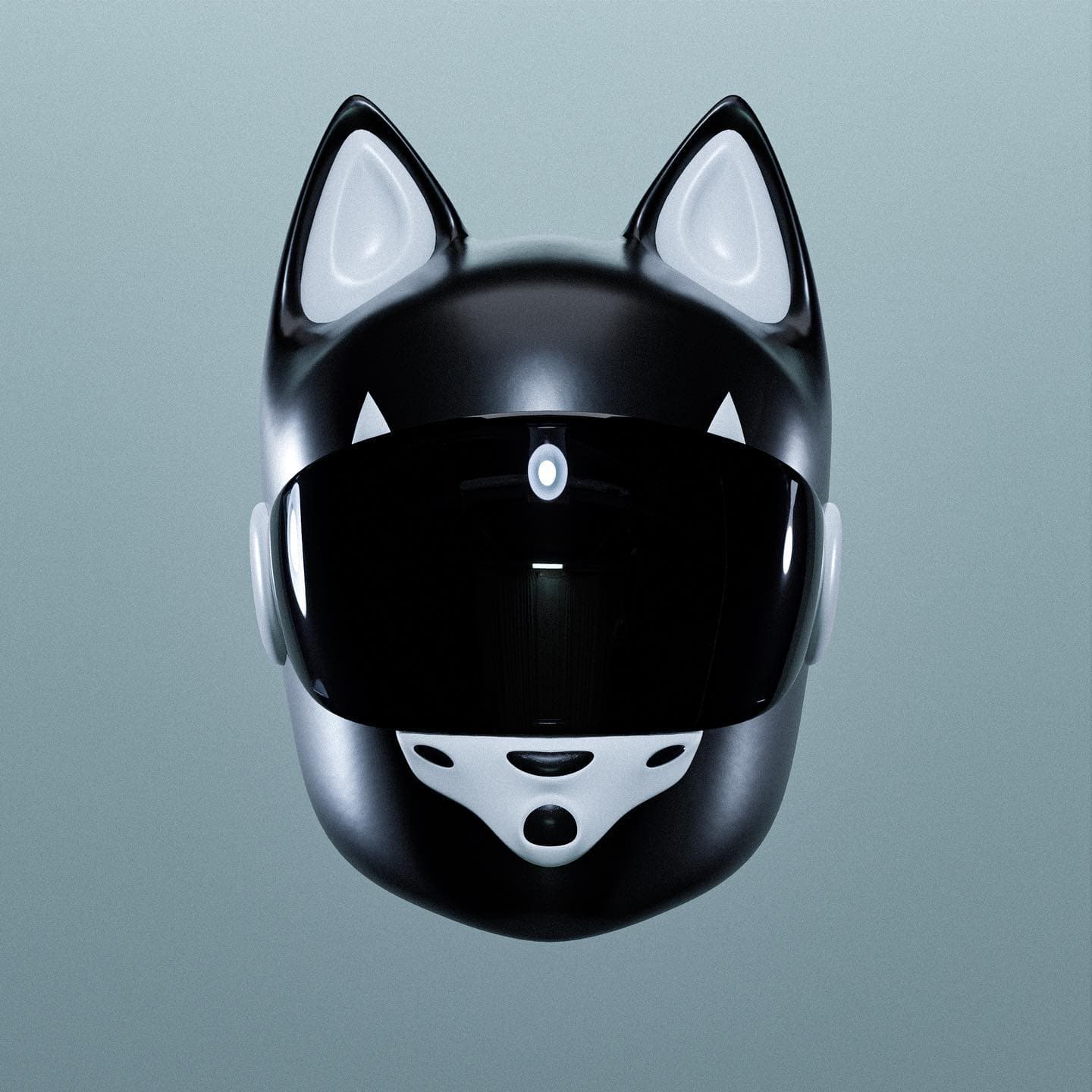 A glossy black full-face helmet with white cat ears and a dark visor, floating on a grey-blue ground