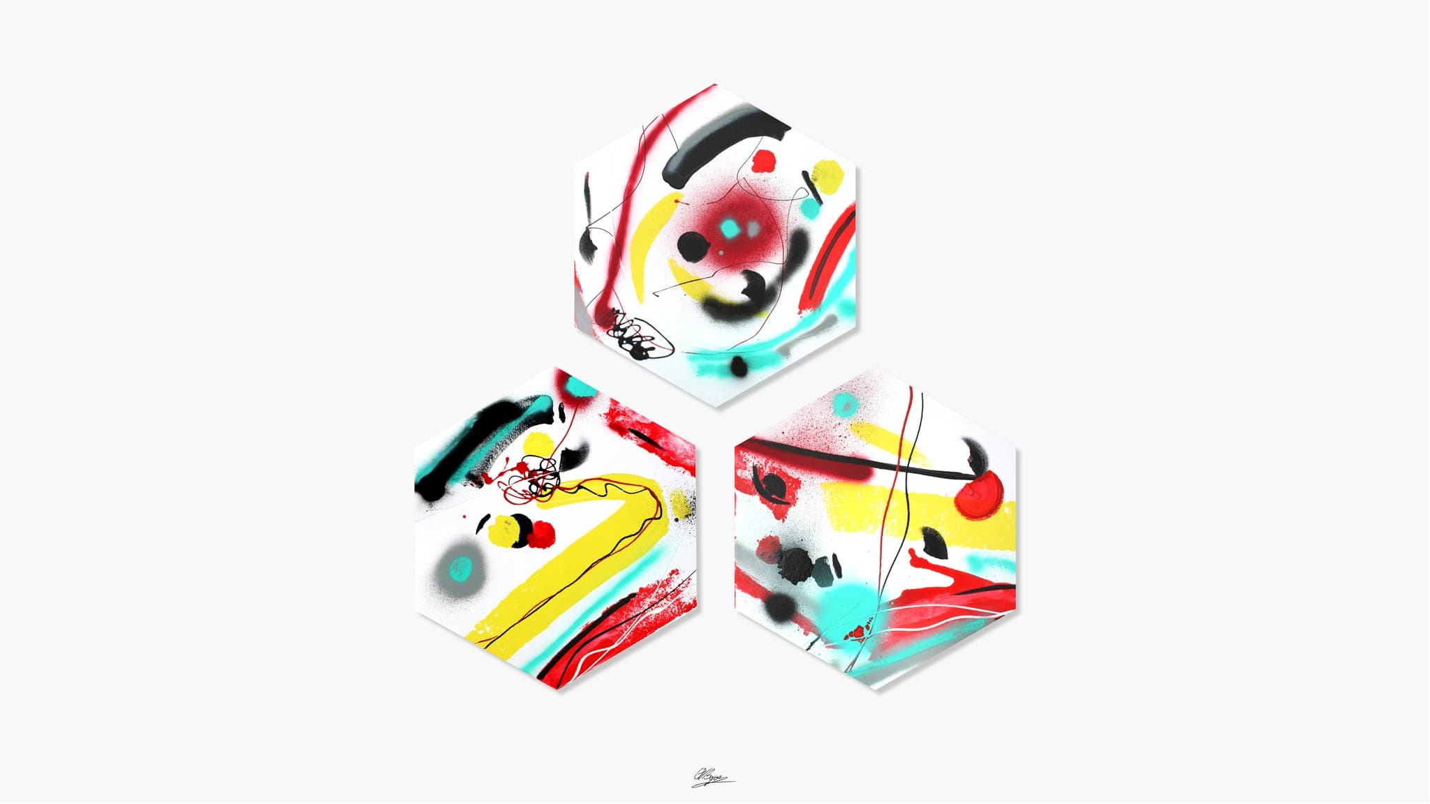 Three painted hexagonal panels arranged so they read as the three faces of a cube, in red, yellow, turquoise and black on white