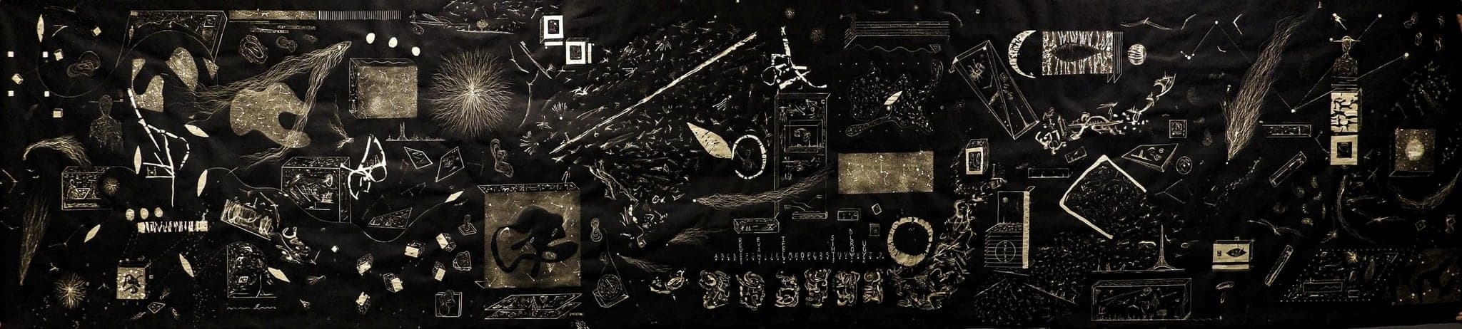 The full five-metre panel reproduced flat: black paper covered edge to edge with cream and gold figures, boxes, bursts and small drawn signs