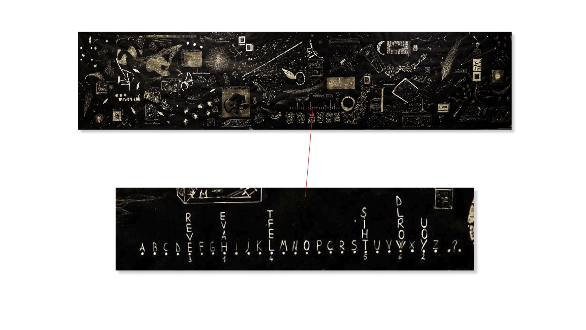 The panel on white with a line drawn down to an enlarged band from its centre, showing a hand-drawn alphabet with small stacks of letters and numbers above and below certain letters