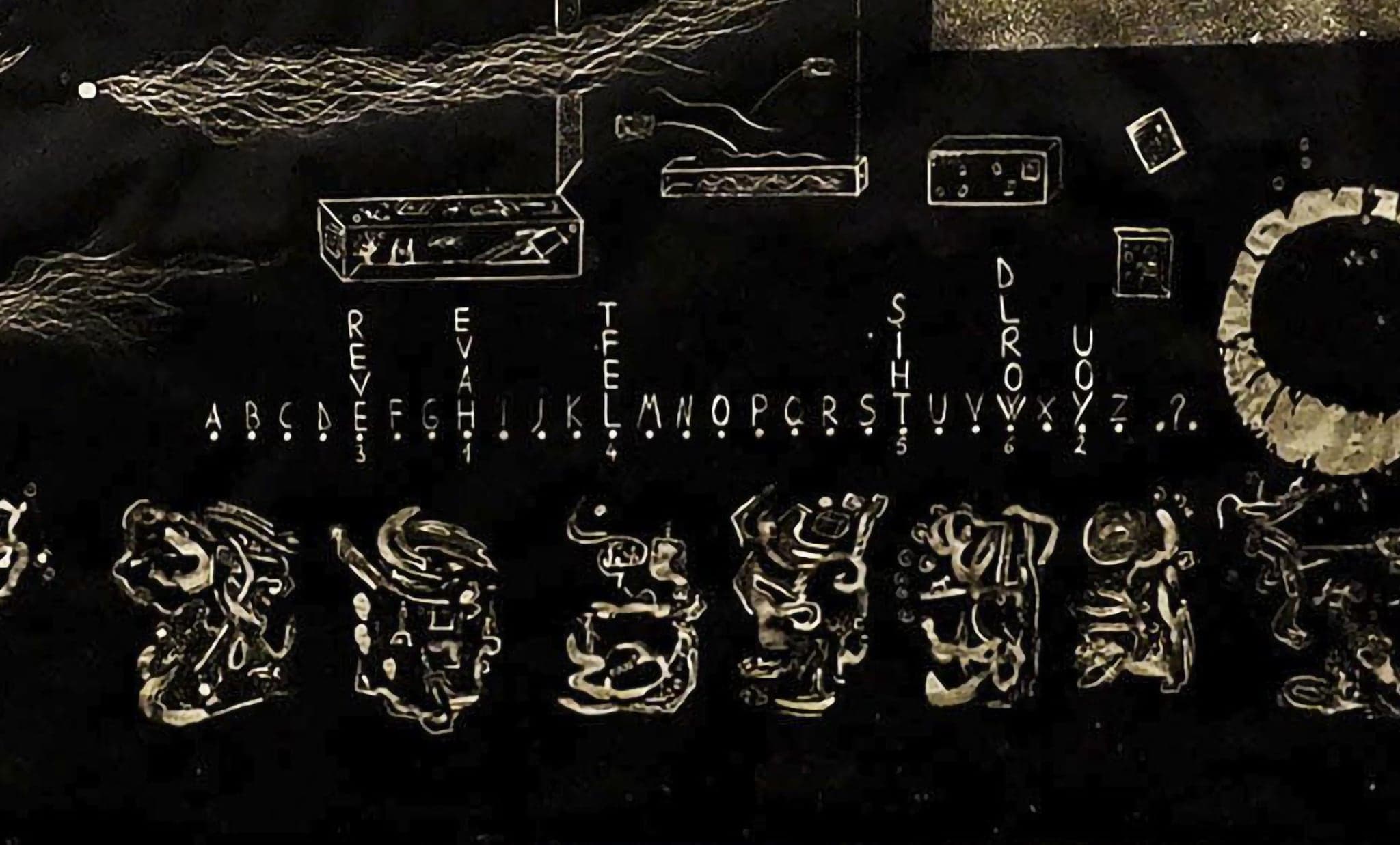The alphabet passage of the panel, close: a hand-drawn A to Z in bleach with short stacks of mirror-written letters above six of them and numbers below, and a row of glyph creatures beneath