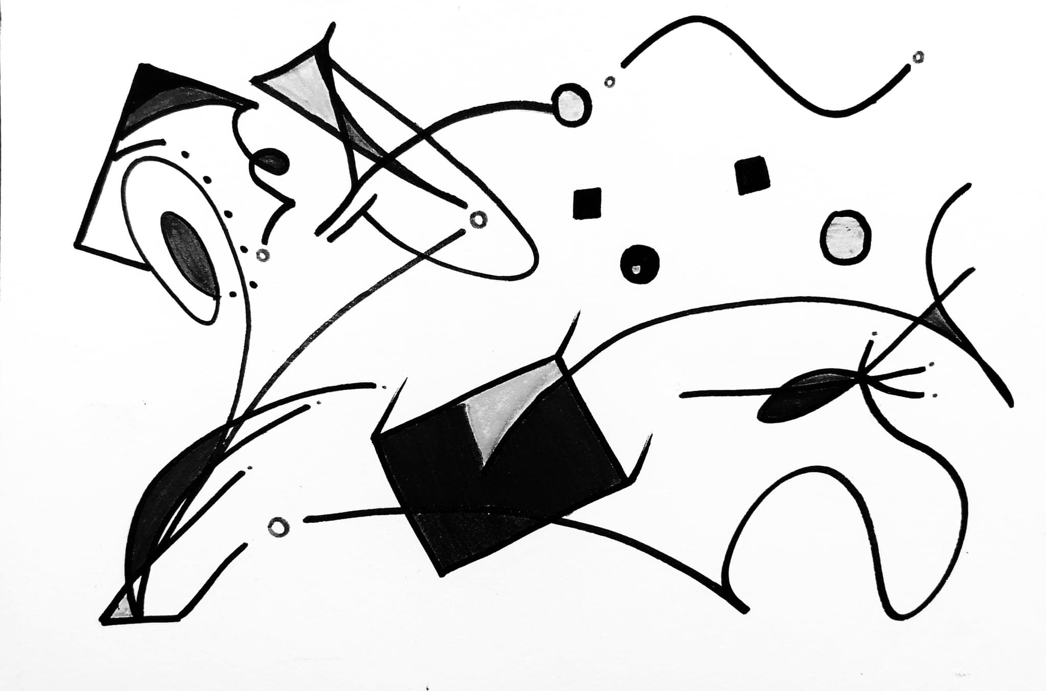 A black-on-white drawing of long swinging curves, lens and teardrop shapes, scattered circles and squares, with a solid black cube at the centre showing one grey face