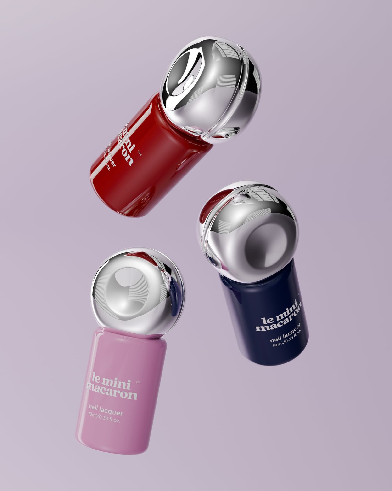 Three lacquer bottles, red, pink and navy, floating at angles against lilac, chrome caps catching the light