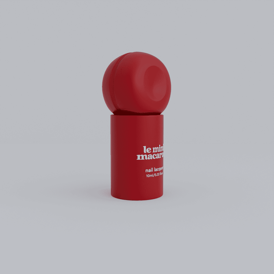 Matte red study render of the bottle and its sphere cap on a plain grey ground, showing the seam and the dimple in the dome