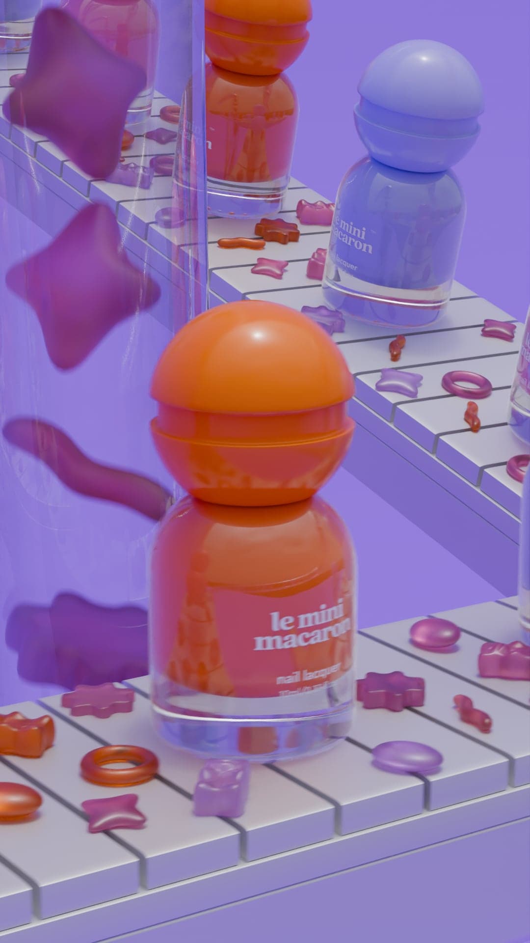 Close view of an orange nail lacquer bottle with a round dome cap, standing on a white conveyor belt scattered with gummy sweets, on a lavender background.