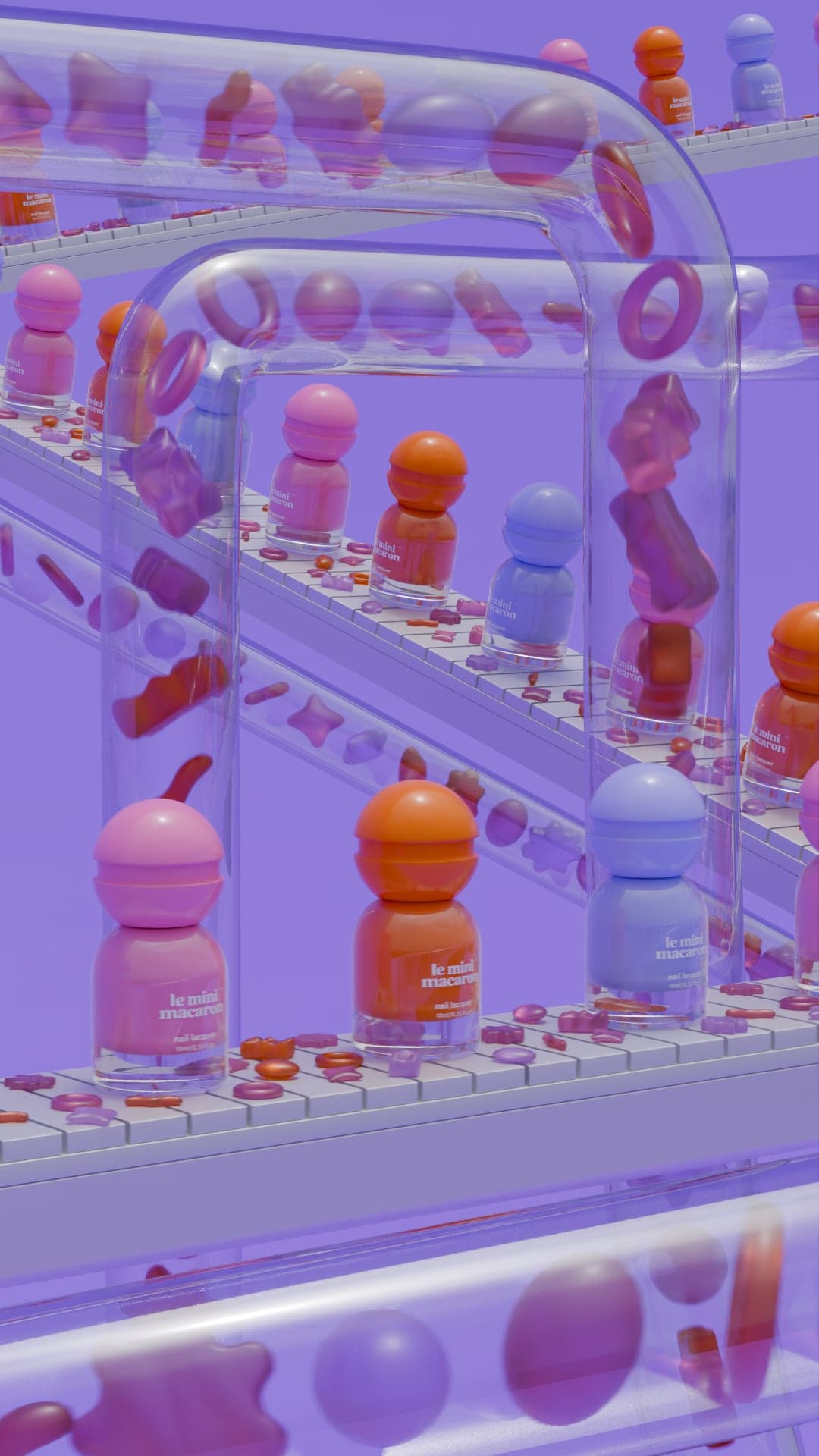 Vertical view of stacked conveyor belts carrying lacquer bottles, crossed by a large curved glass tube full of gummy bears and rings.