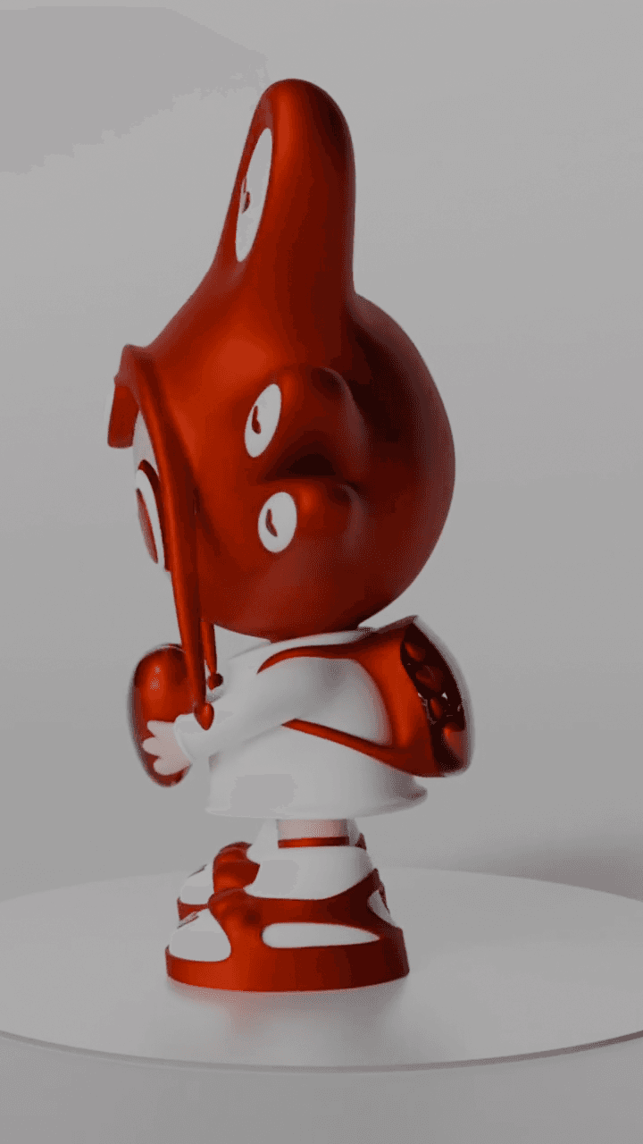 The figure in profile, the hood drawn back into a single long point behind the head