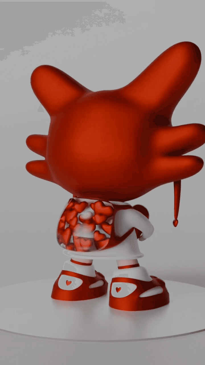 The figure from behind, the hood a smooth red shell and the printed hearts showing on the shorts