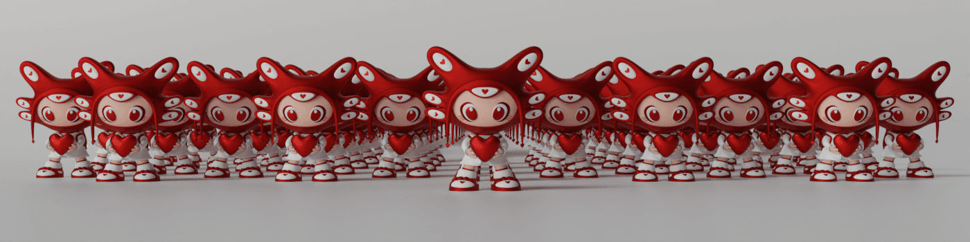 A full run of LOVECHAINER figures lined up in rows, small differences visible between them