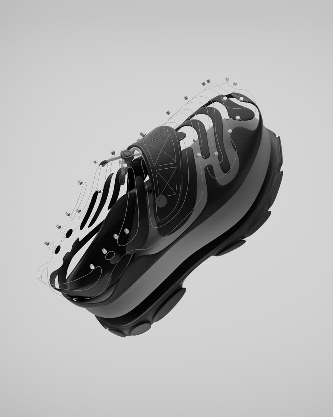 MODUS exploded render, plated panels, rivets and cords floating apart